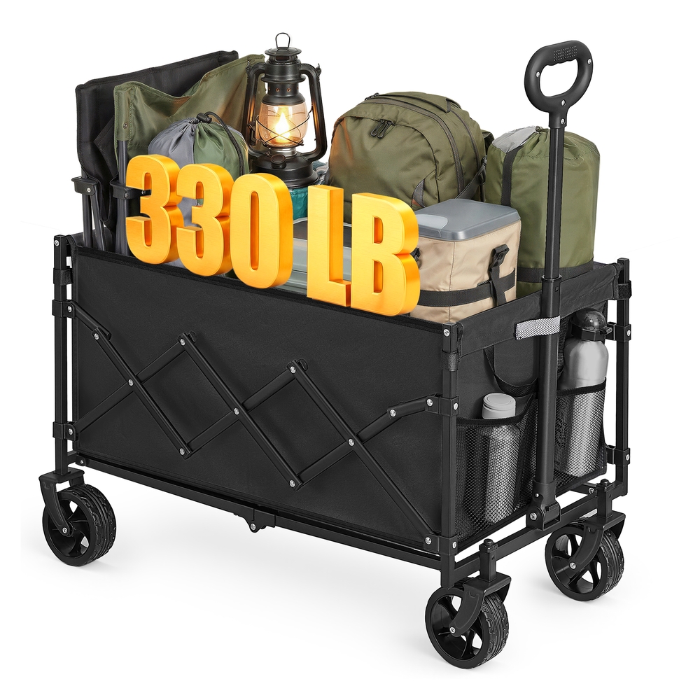 Foldable Camping Trolley with Adjustable Handle and 4 Reinforced Wheels Ink Black