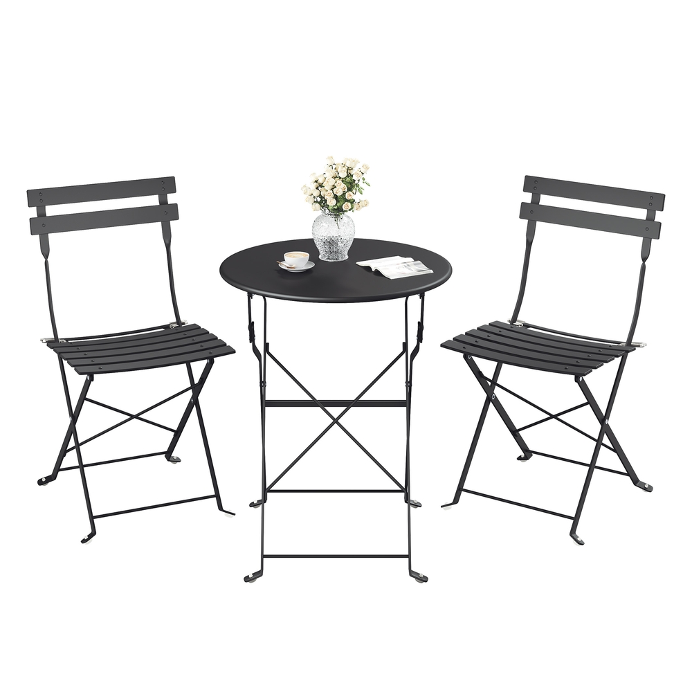 3-Piece Folding Steel Bistro Set, Table & Chairs, Ink Black 3-Piece Folding Steel Bistro Set, Table & Chairs, Ink Black