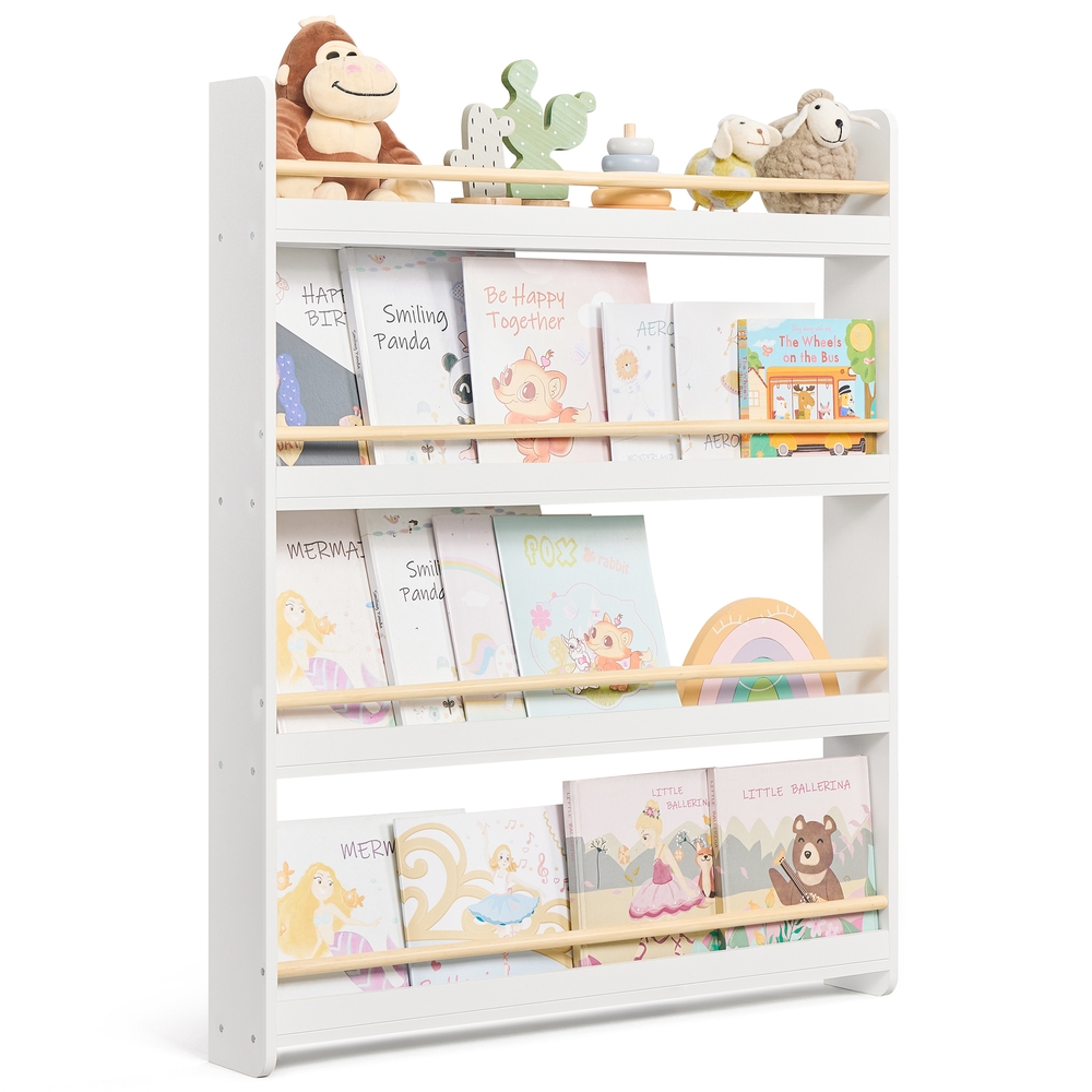 Kids Bookshelf Wall Shelf 4-Tier Playroom White and Natural Kids Bookshelf Wall Shelf 4-Tier Playroom White and Natural