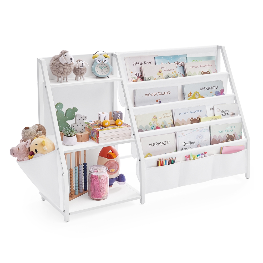 Kids bookshelf and toy organiser with side pocket