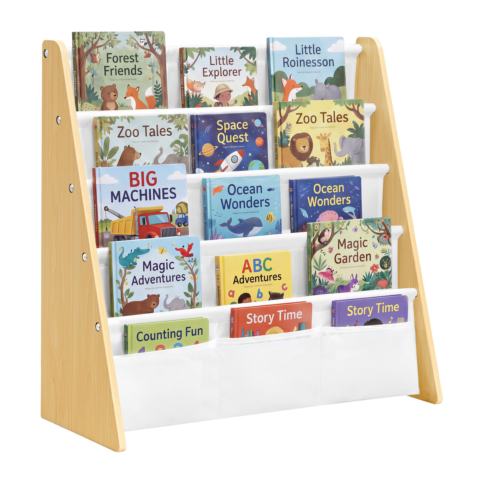 4 tier kids sling bookcase in beech and white