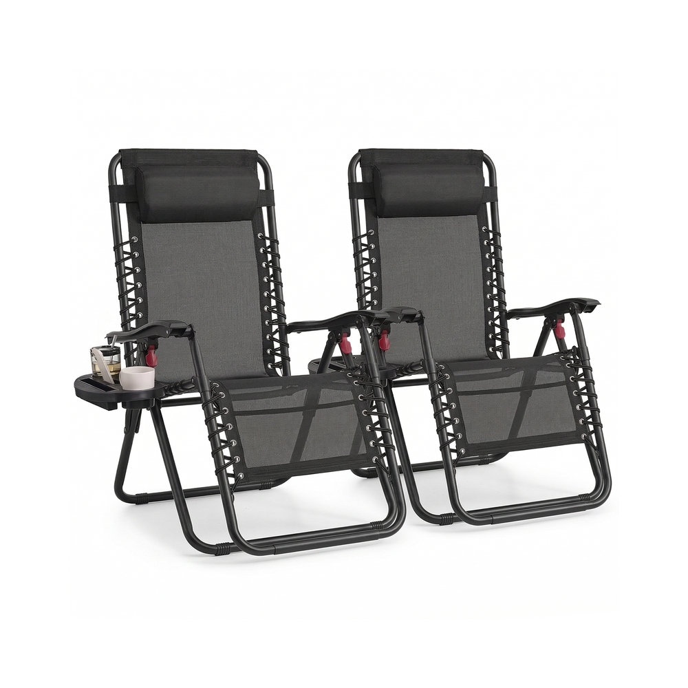 Set of 2 Folding Zero Gravity Reclining Chairs Set with Tray and Adjustable Headrest Black Set of 2 Folding Zero Gravity Reclining Chairs Set with Tray and Adjustable Headrest Black