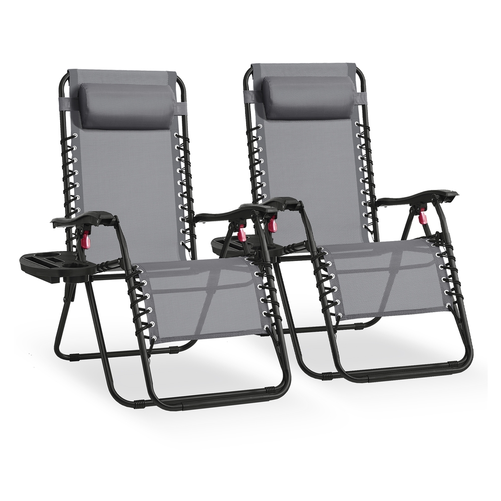 Set of 2 Folding Zero Gravity Reclining Chairs Set with Tray and Adjustable Headrest Dark Grey