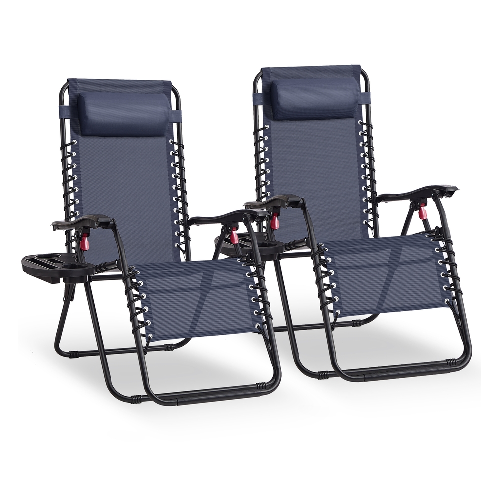 Set of 2 Folding Zero Gravity Reclining Chairs Set with Tray and Adjustable Headrest Dark Blue