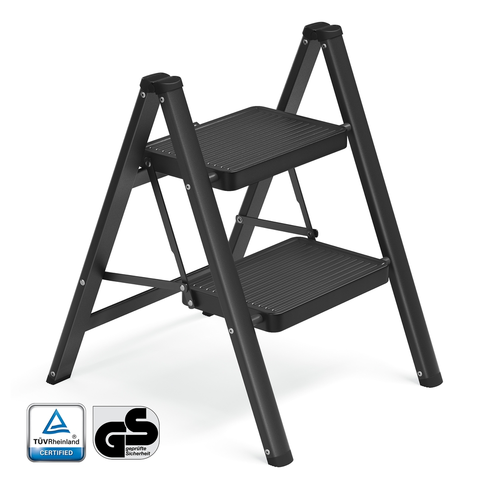 2-Step Ladder, Heavy-Duty Steel, 55 x 43.4 x 61.8 cm, Black