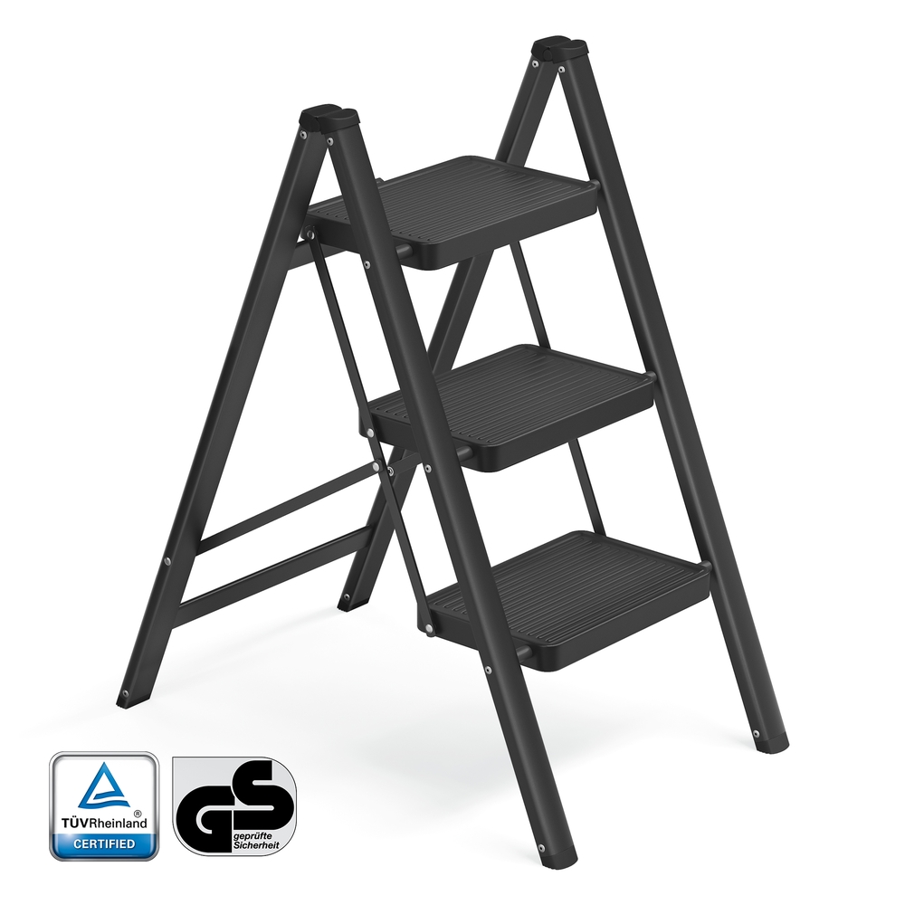3-Step Ladder, Heavy-Duty Steel, 73.5 x 43.4 x 85.5 cm, Black