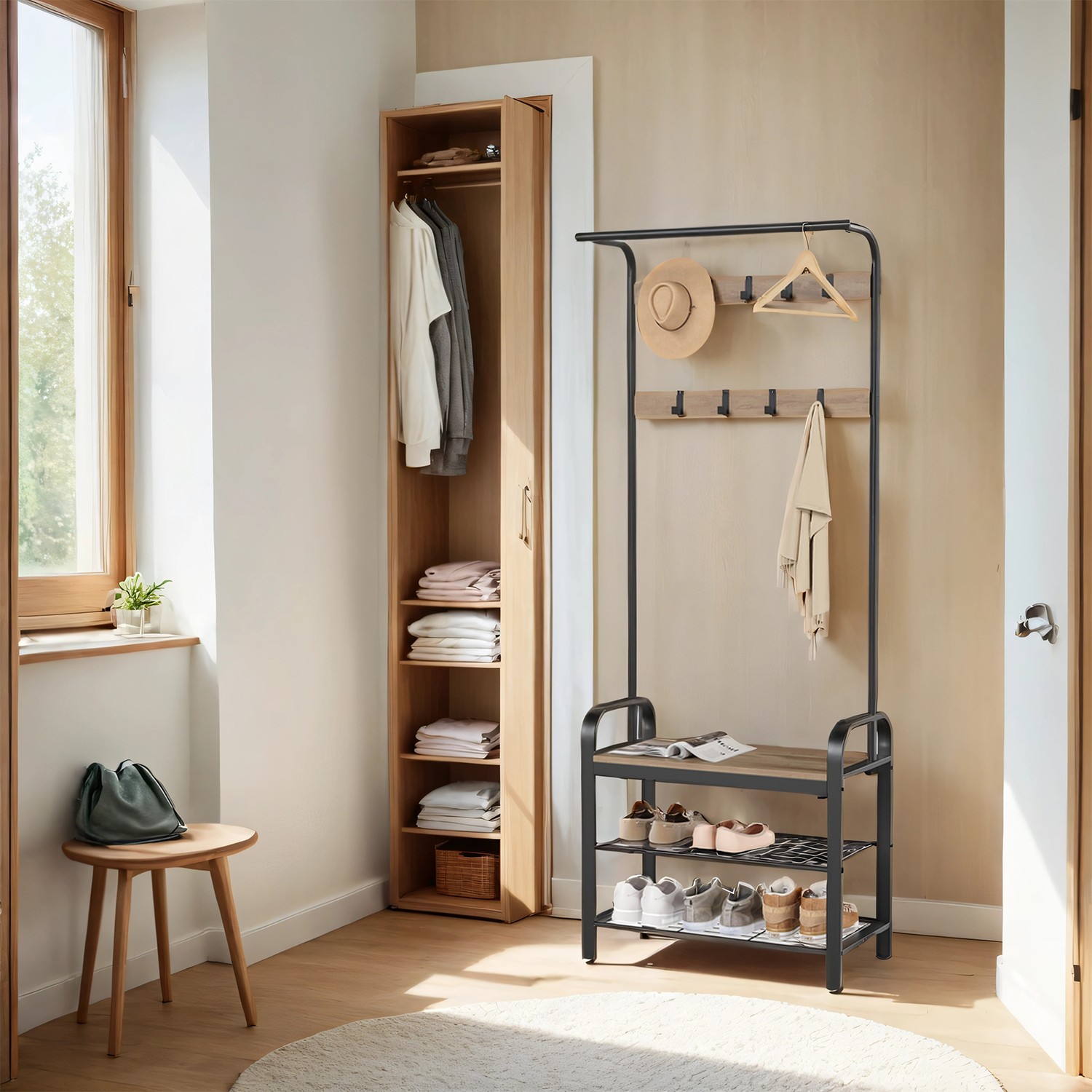 Coat Rack, Coat Stand with Shoe Storage Bench, 4-in-1 Design
