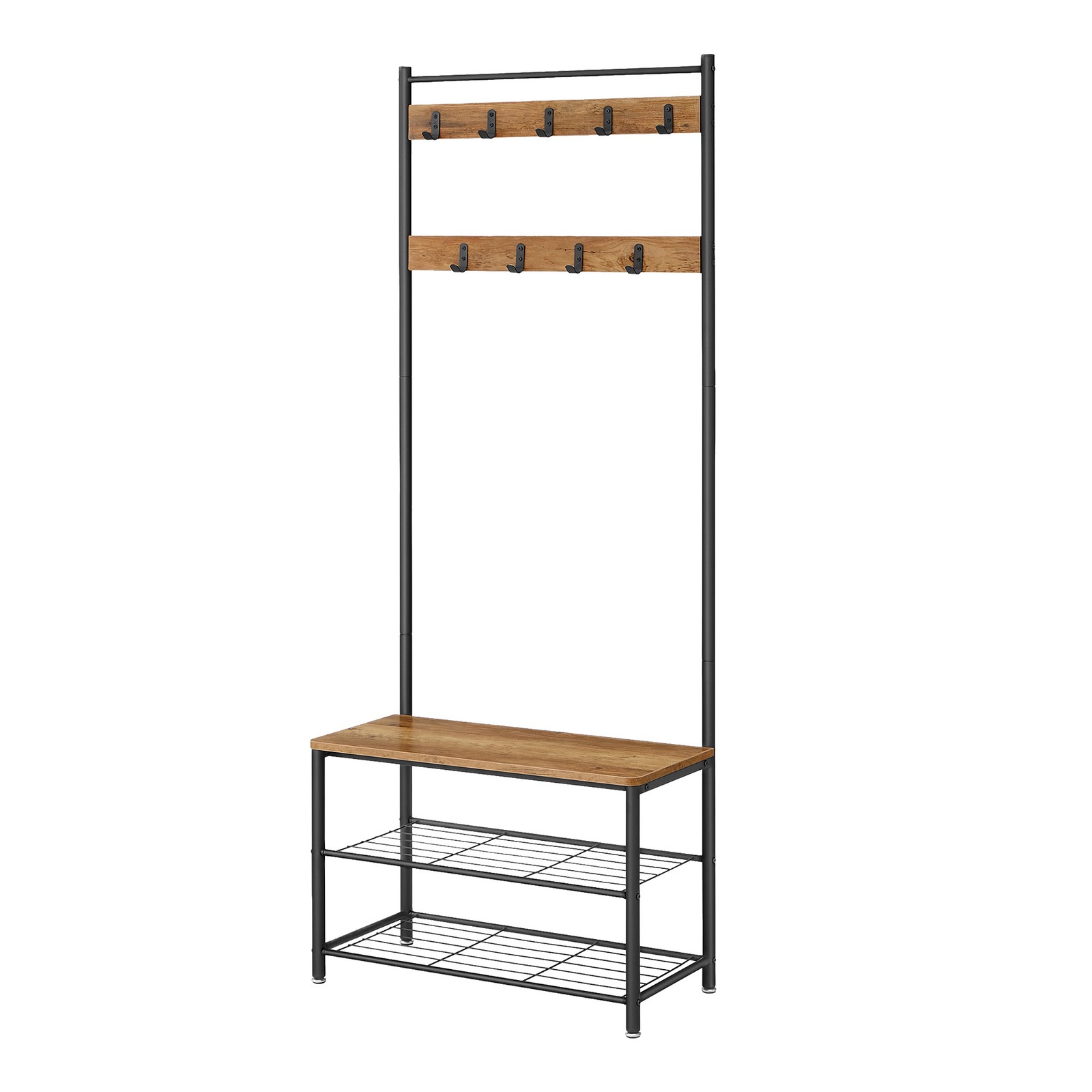 Hallway Coat Rack Stand, Hall Tree with Shoe Storage Bench, 32 x 70 x 175 cm, Industrial, Rustic Walnut and Black
