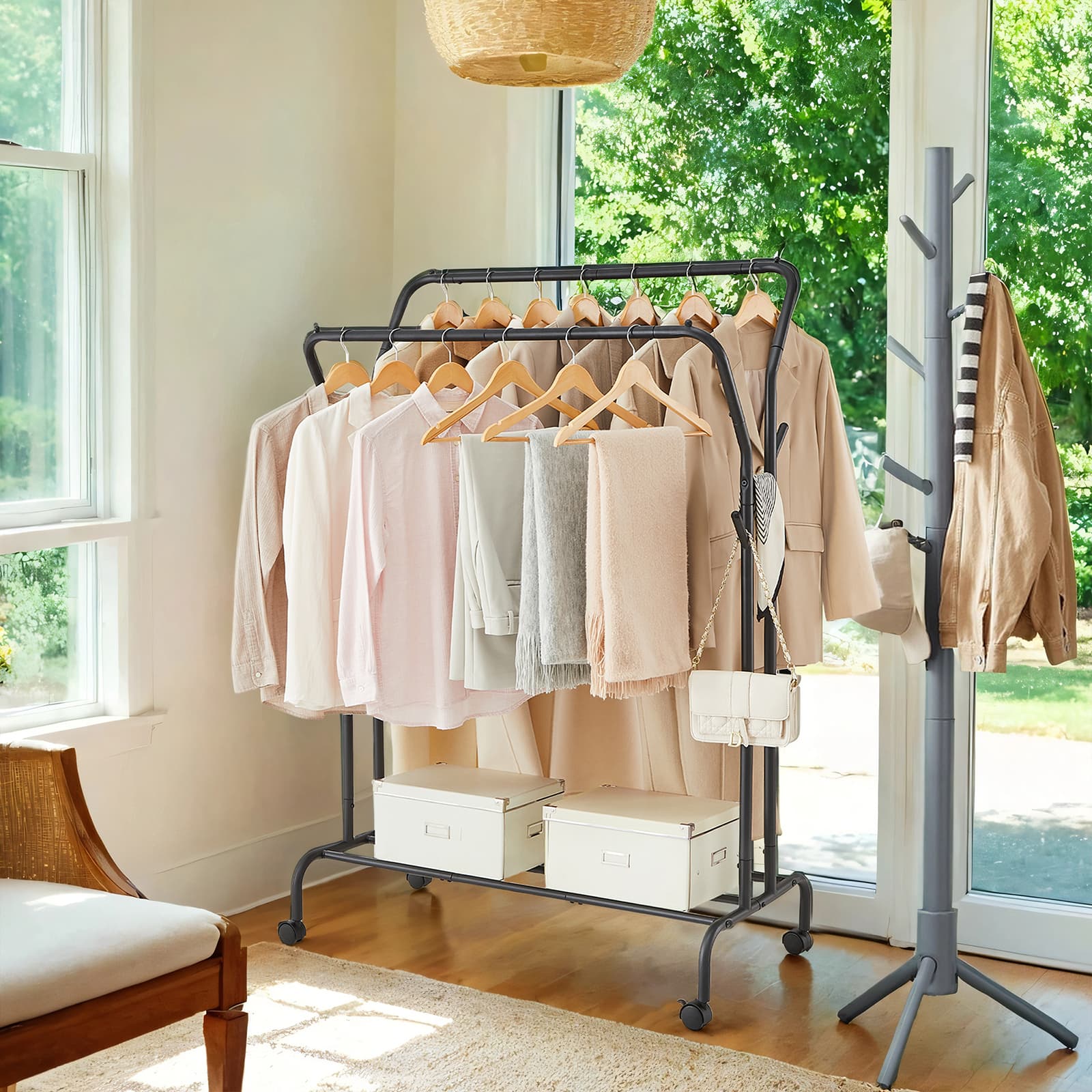 Clothes Rack, Double-Rod Clothing Rack with Wheels, Heavy-Duty Garment Rack