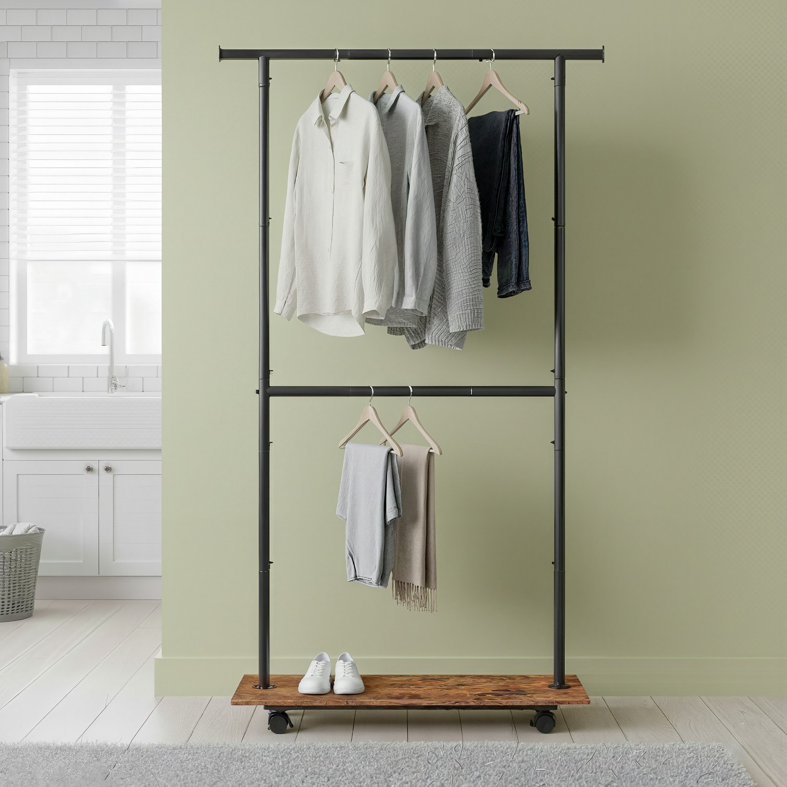 Mobile Garment Rack on Casters, with Double Hanging Rods, Adjustable Height Central Pole Mobile Garment Rack on Casters, with Double Hanging Rods, Adjustable Height Central Pole