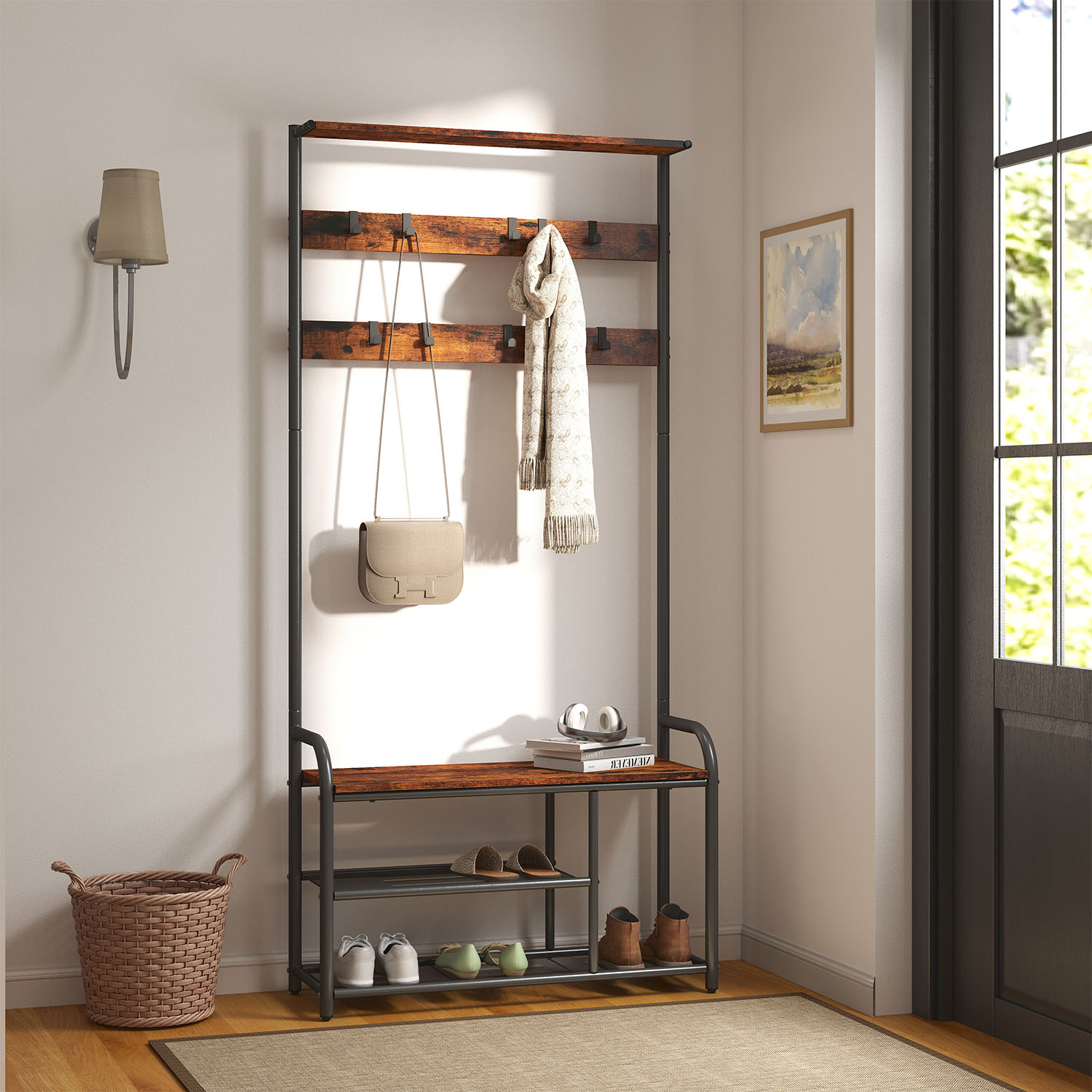 Coat Rack Stand, Hall Tree with Bench and Shoe Storage, 9 Removable Hooks