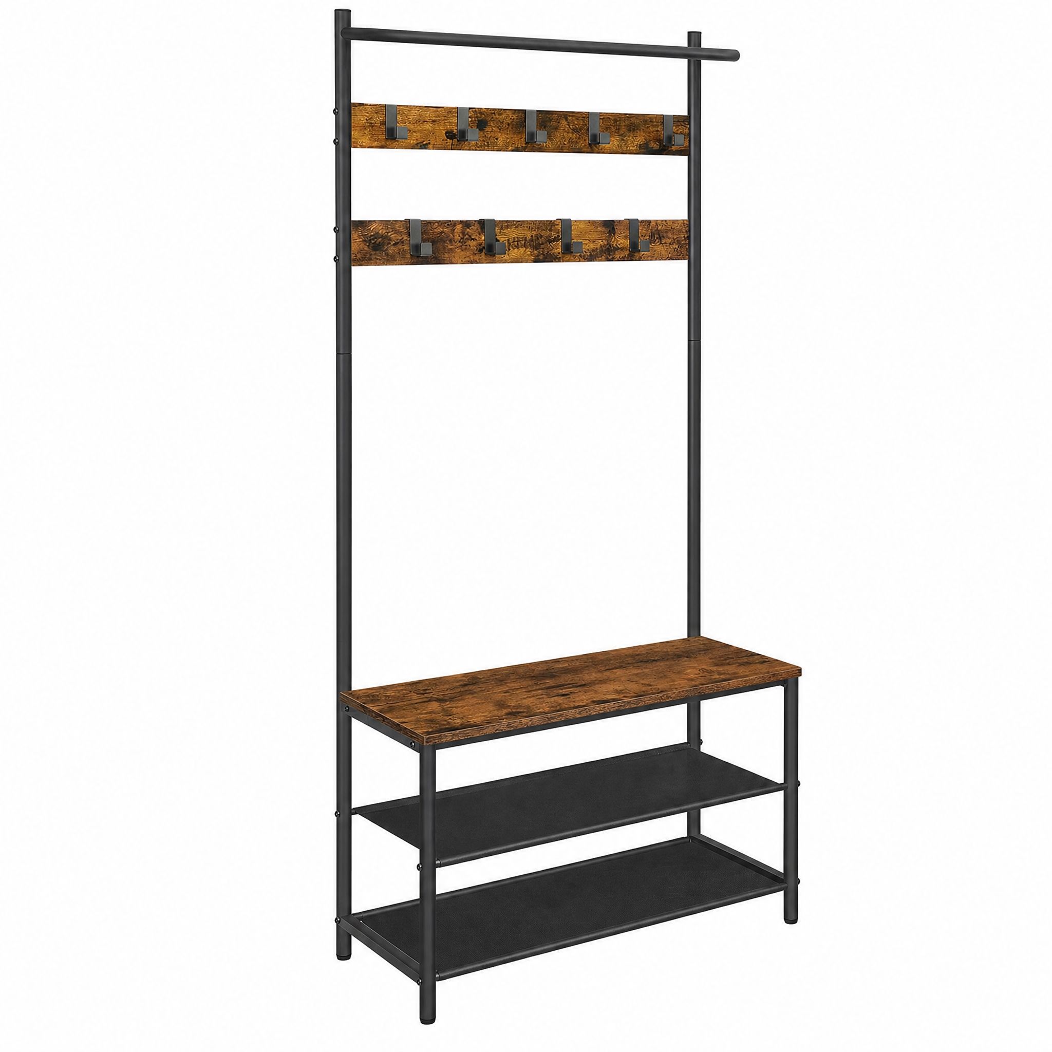 Hall Tree with Bench and Shoe Storage, Entryway Bench with Coat Rack Stand and Shoe Rack, 9 Movable Hooks