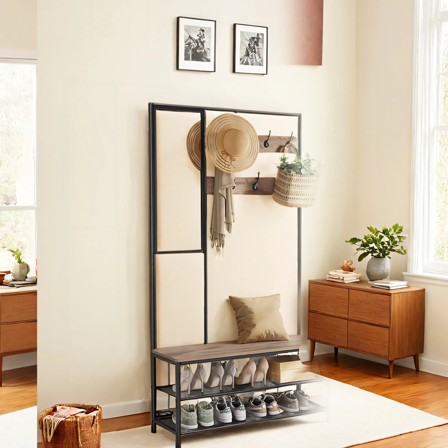 Coat Rack with Shoe Storage, Coat Stand for Hallway with Mirror, Hooks Coat Rack with Shoe Storage, Coat Stand for Hallway with Mirror, Hooks