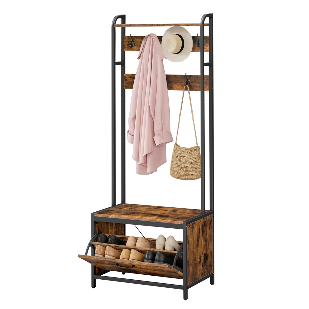 Industrial Entryway Hall Tree with Shoe Storage Bench, 7 Hooks and Shelf, Coat Rack for Bedroom, Rustic Brown and Black