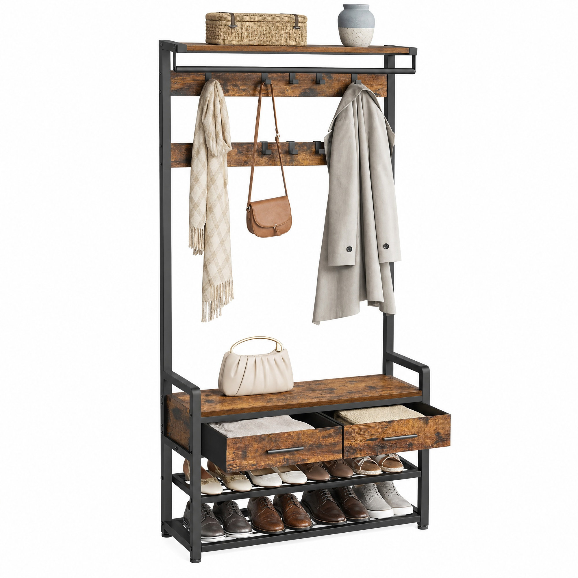Hallway Coat and Shoe Rack with Bench and Drawers, Brown