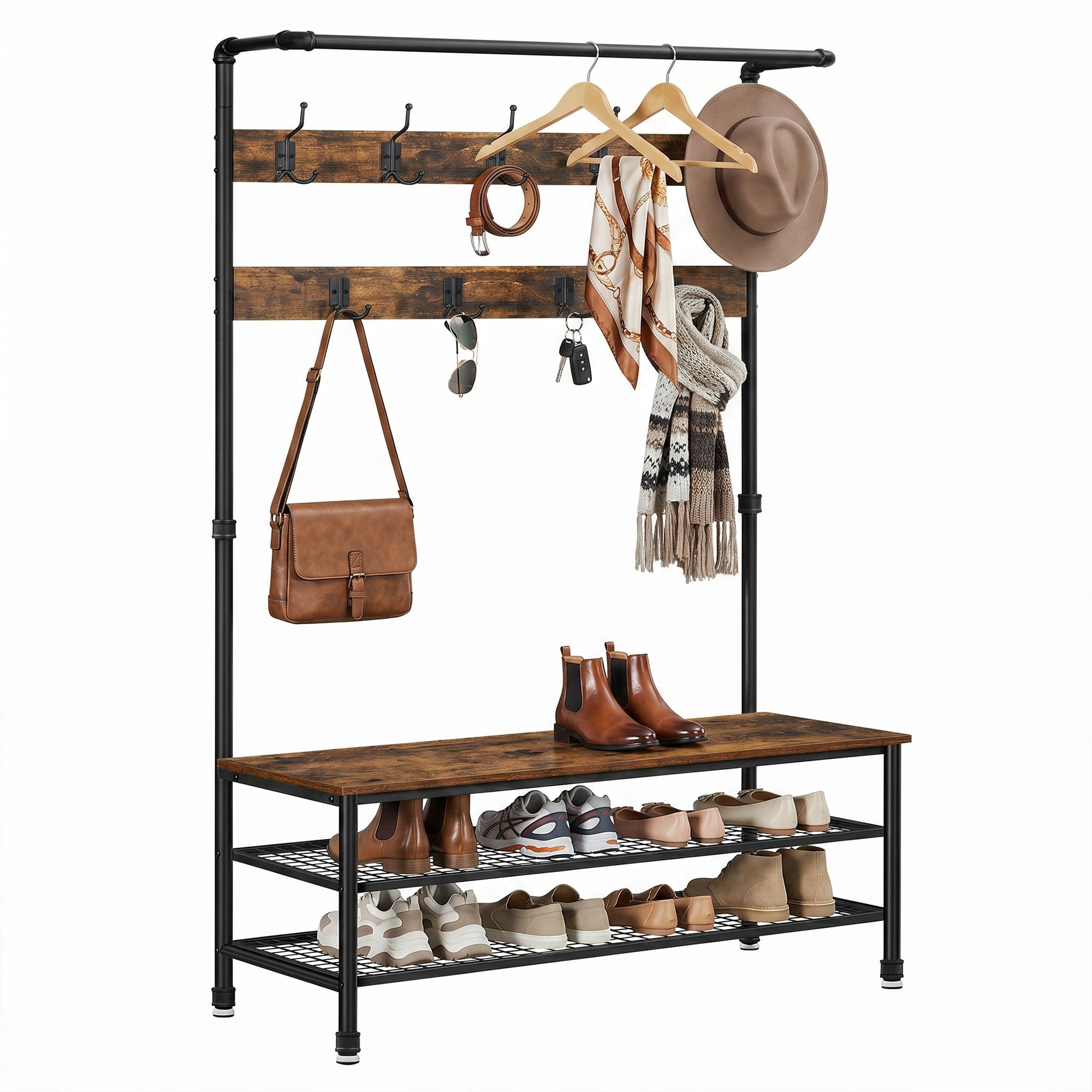 Hall Tree with Shoe Storage Bench for Entryway, Coat Rack, with 9 Hooks