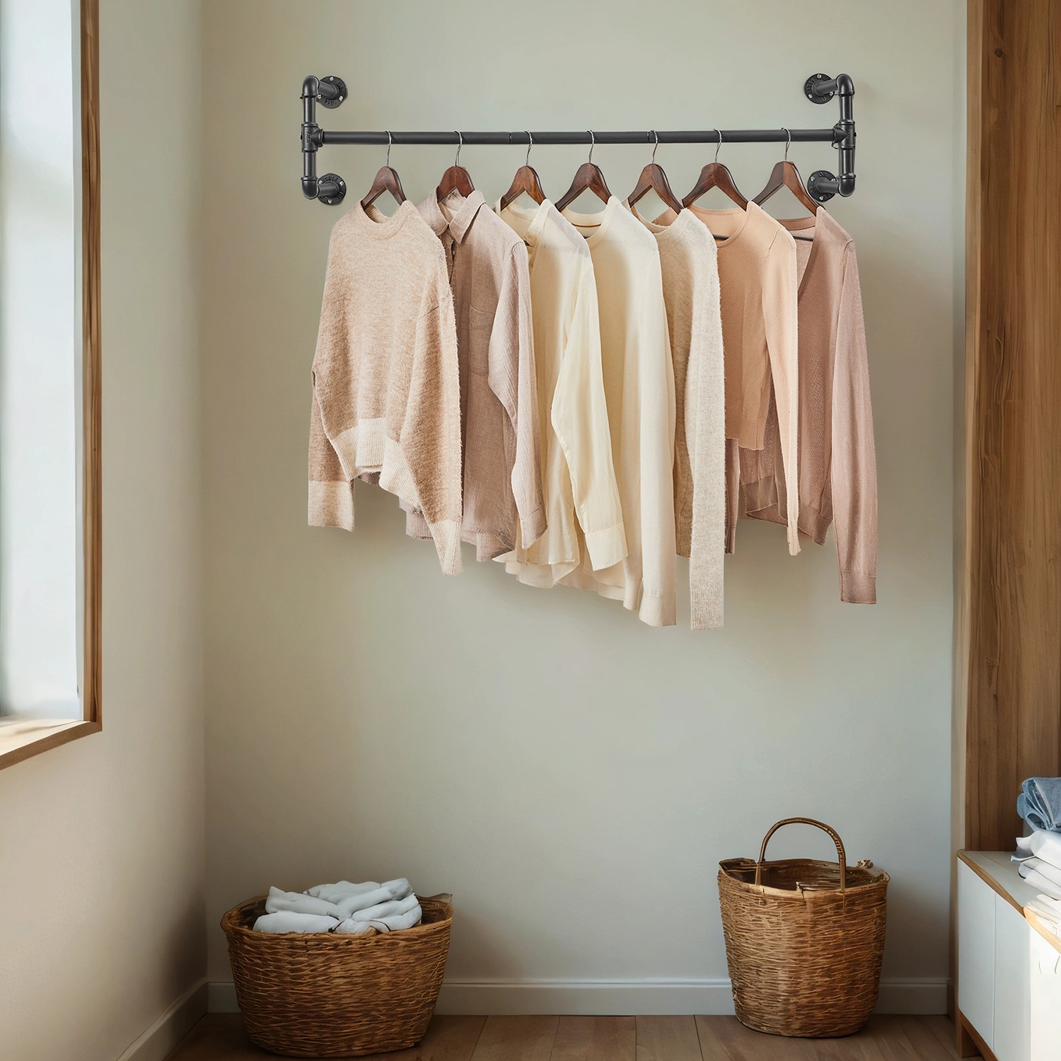 Wall-Mounted Clothes Rack, Industrial Pipe Clothes Hanging Bar, Space-Saving