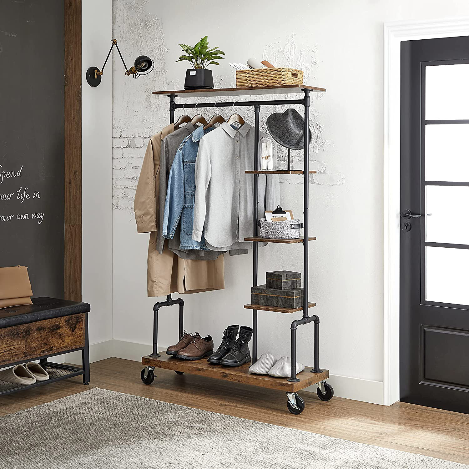 Rolling Garment Organiser, 5-Tier Clothes Storage Rack with Metal Frame, for Laundry Room, Bedroom, Brown and Black