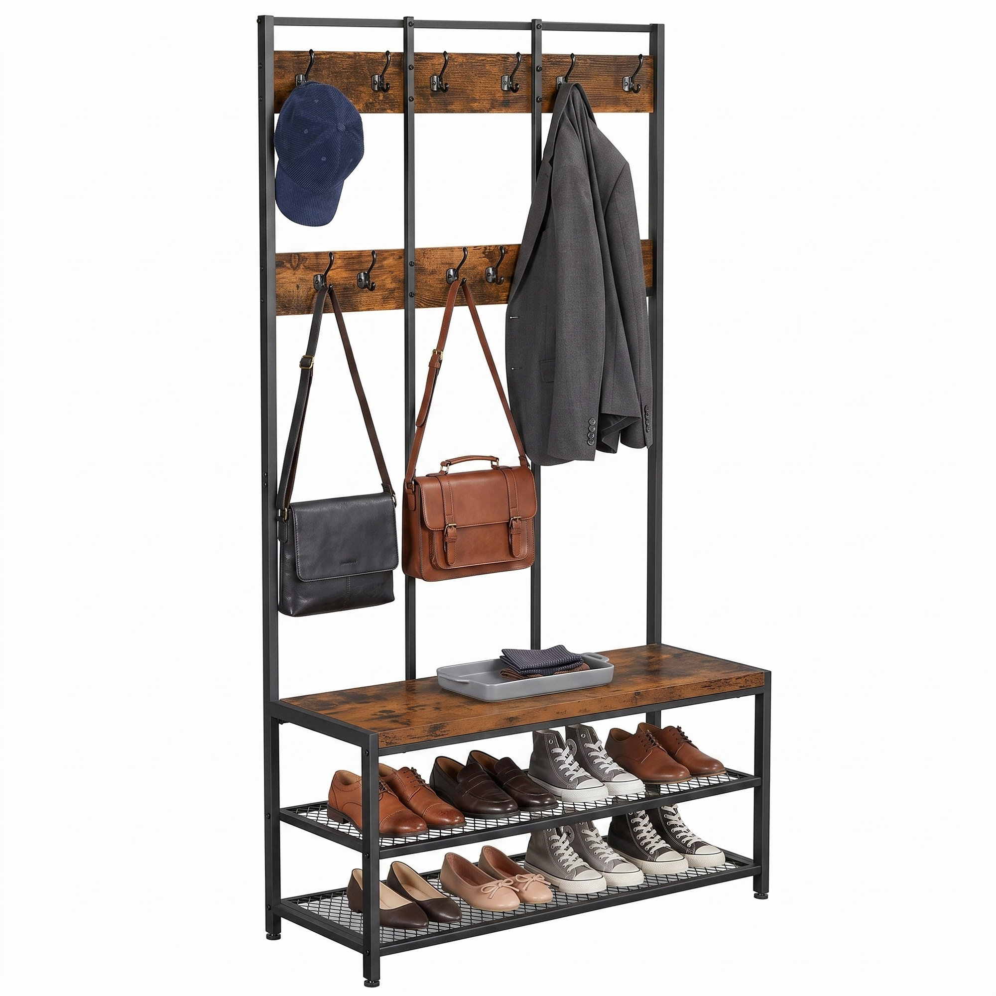 Large Hallway Coat and Shoe Rack with Bench, Brown
