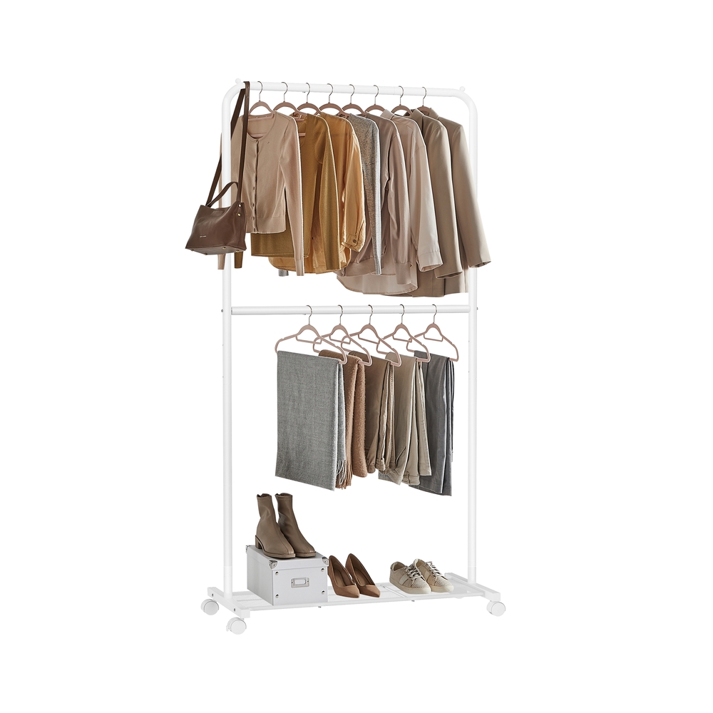 Clothes Rack, Rolling Rail with Shelf, with Middle Rod, White