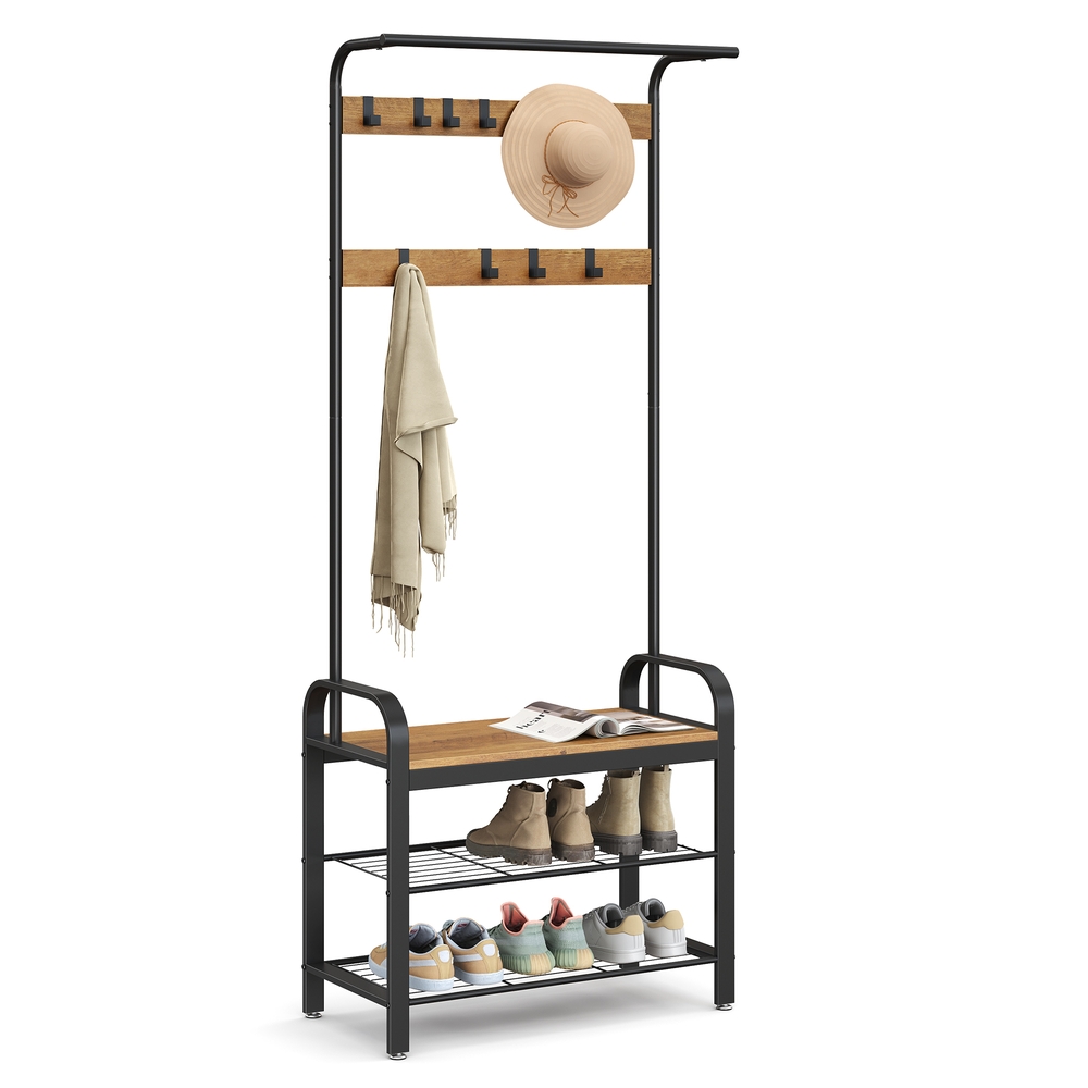 Coat Rack with 9 Removable Hooks 33.7 x 72 x 183 cm Rustic Walnut and Black Coat Rack with 9 Removable Hooks 33.7 x 72 x 183 cm Rustic Walnut and Black