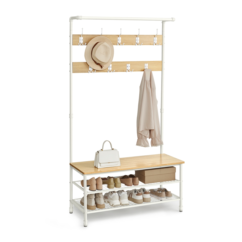 Coat rack stand with bench and shoe storage Oak and White