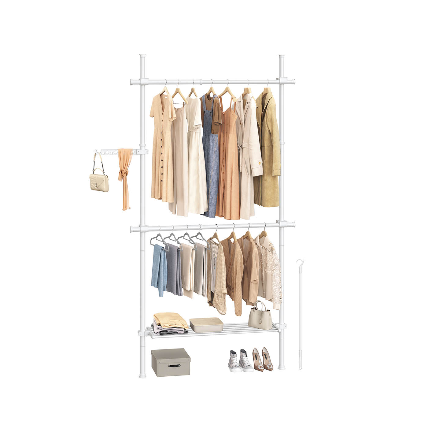 Floor to Ceiling Clothes Rail 3-Tier Adjustable Matte White