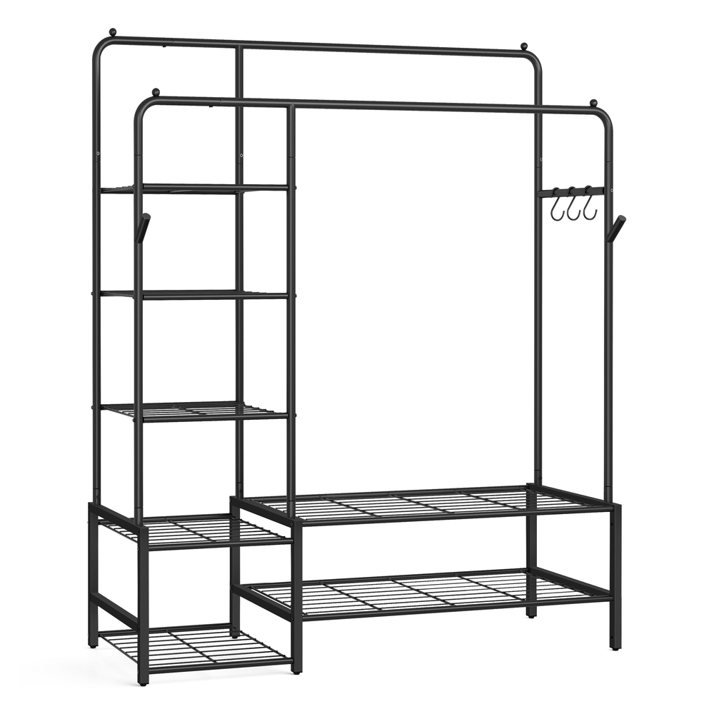 Open wardrobe clothes rack with shelves and hanging rods