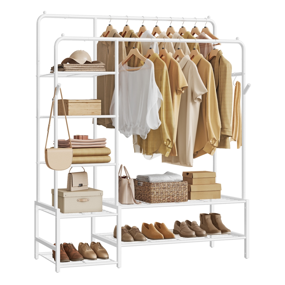 Clothes Rack Open Wardrobe with 7 Shelves Hanging Rods White