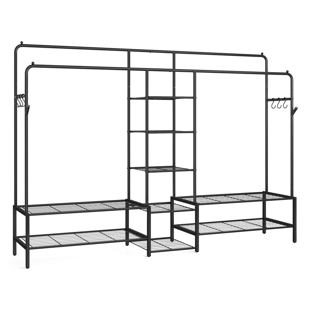 Open wardrobe clothes rack with shelves and hanging rods