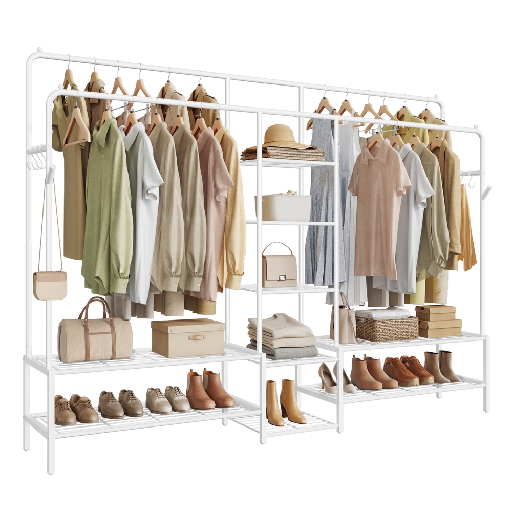 Clothes Rack Open Wardrobe with 9 Shelves Hanging Rods White