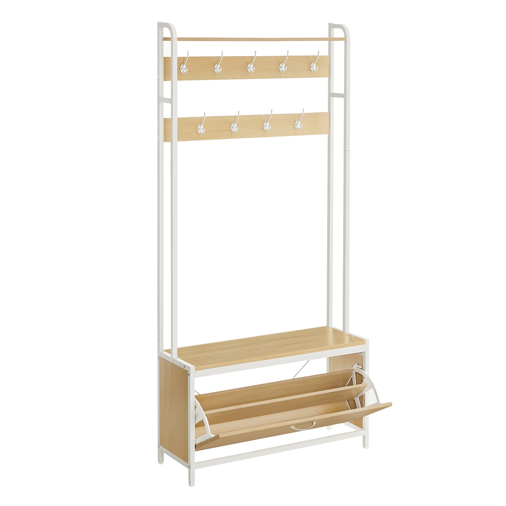 Coat Rack with Shoe Storage Golden Oak and Cloud White