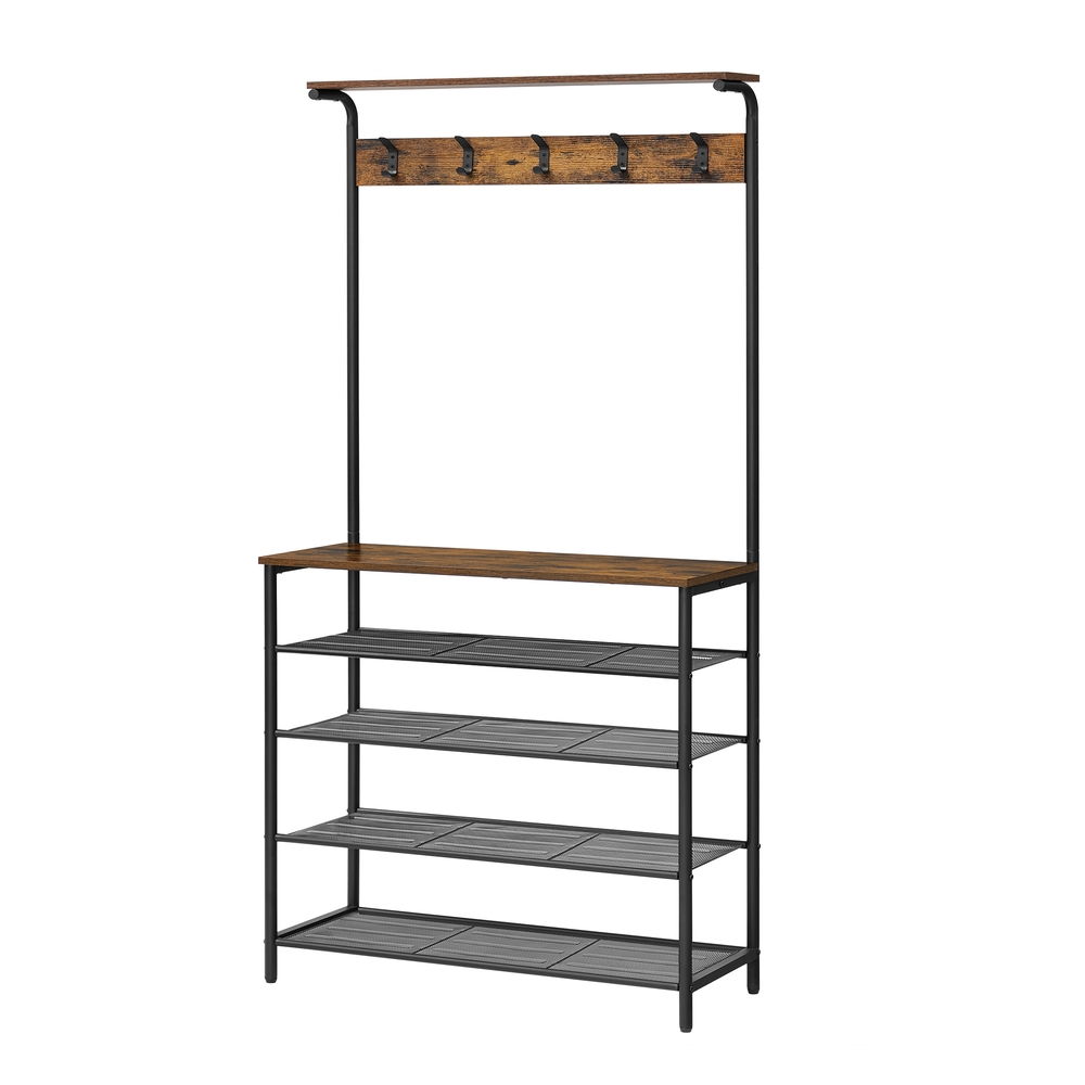 Industrial Rustic Clothes Rack with Shoe Storage and Hooks
