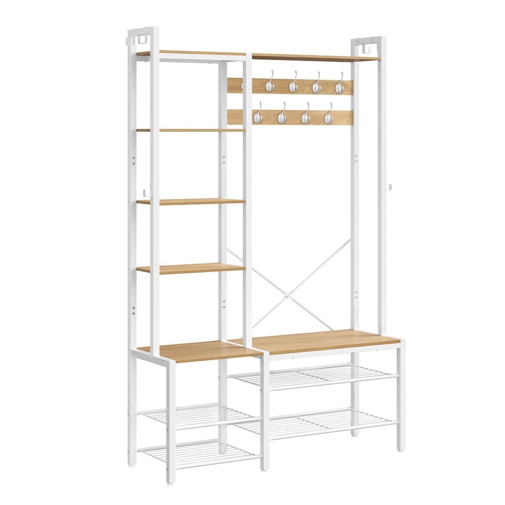 Hallway Coat Rack with Shoe Bench Golden Oak and Cloud White