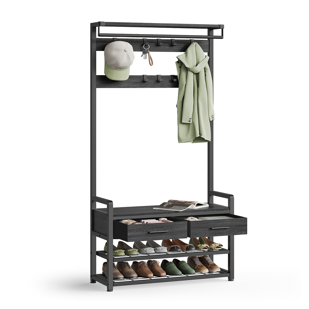 Hall Tree with Bench and Shoe Storage Stone Grey and Ink Black
