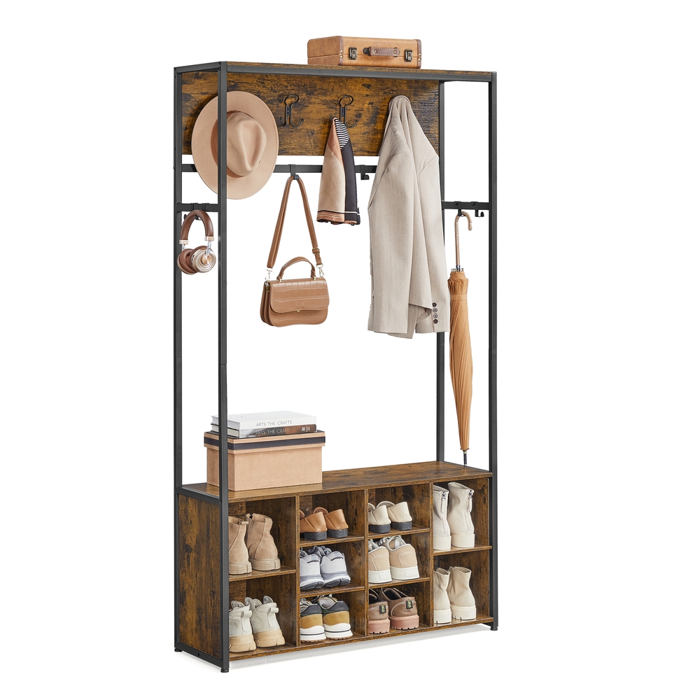 Hall Tree with Bench and Shoe Storage Rustic Brown and Ink Black