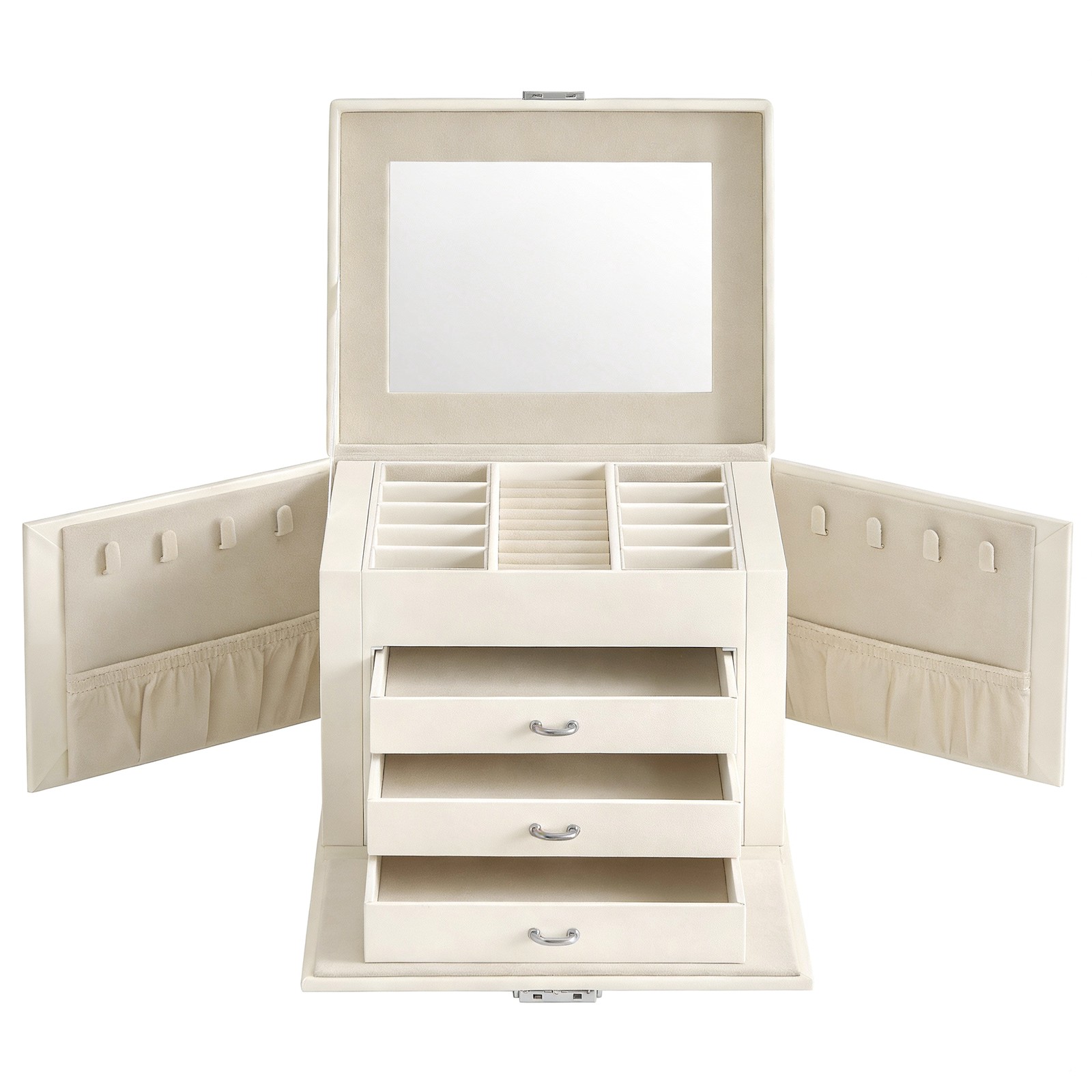 Lockable Travel Jewellery Box With Mirror, 4-Tier Organizer, 3 Drawers