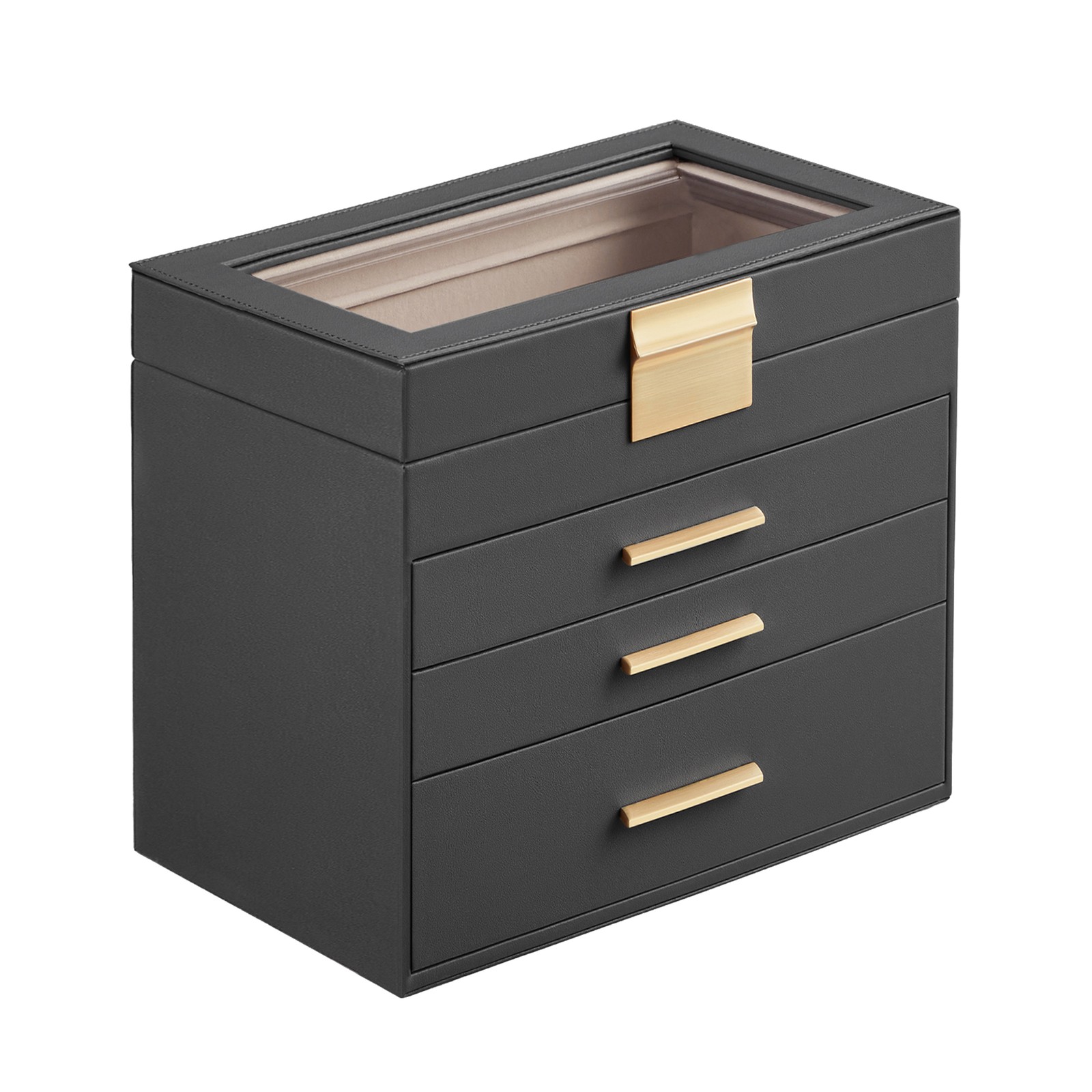 Jewelry Box with Glass Lid, 4-Tier Jewelry Organiser, 3 Drawers Jewelry Box with Glass Lid, 4-Tier Jewelry Organiser, 3 Drawers