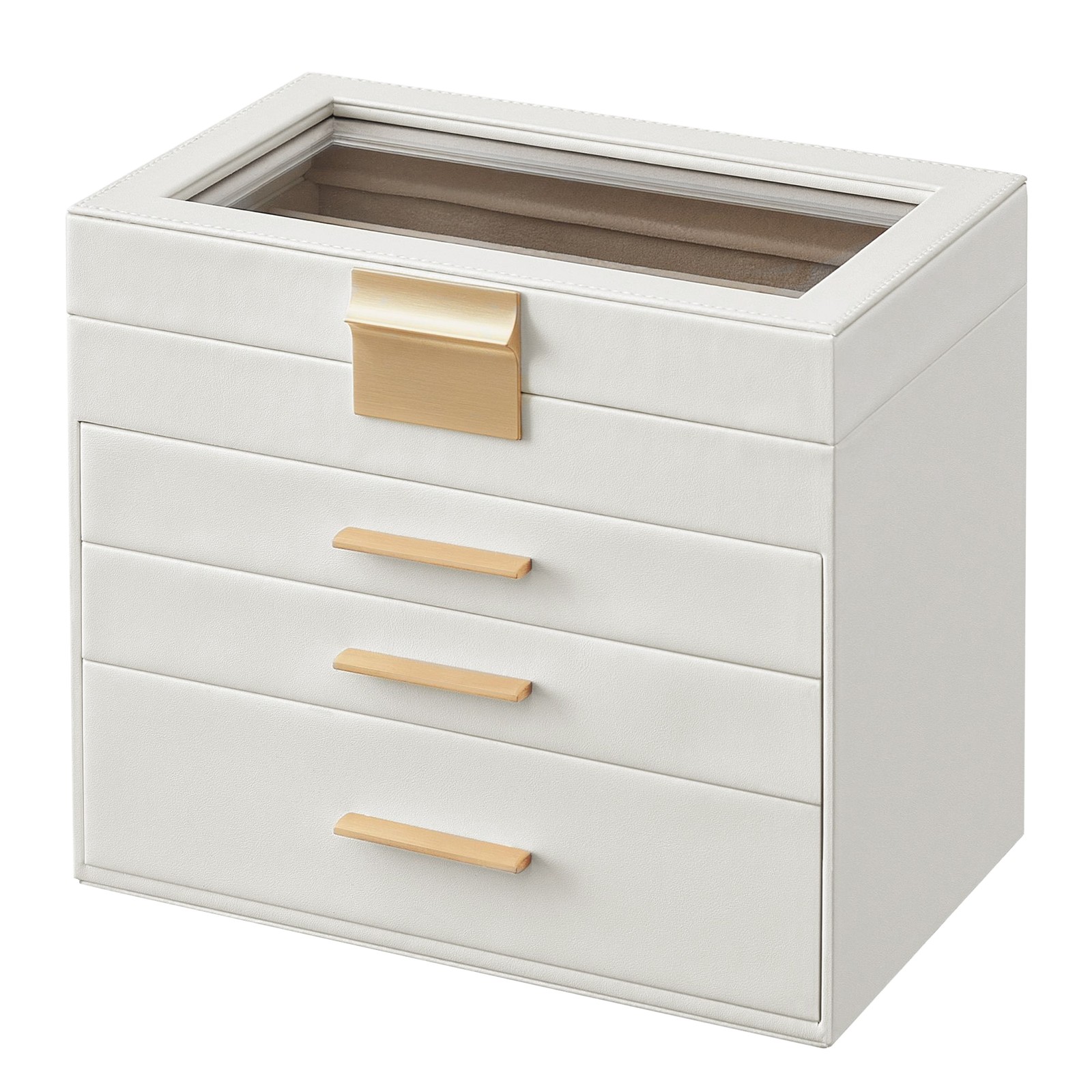 Jewelry Box with Glass Lid, 4-Tier Jewelry Organiser, 3 Drawers