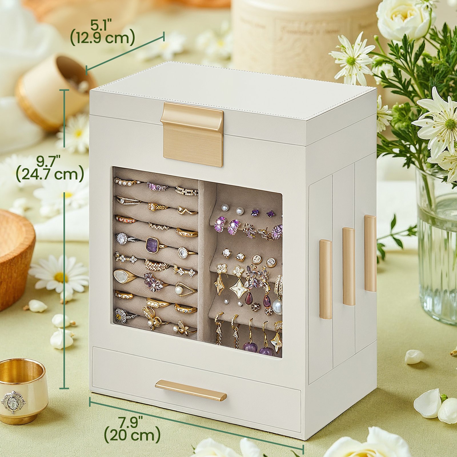 Jewellery Box with Glass Window, 5-Layer Jewellery Organiser with 3 Side Drawers, White