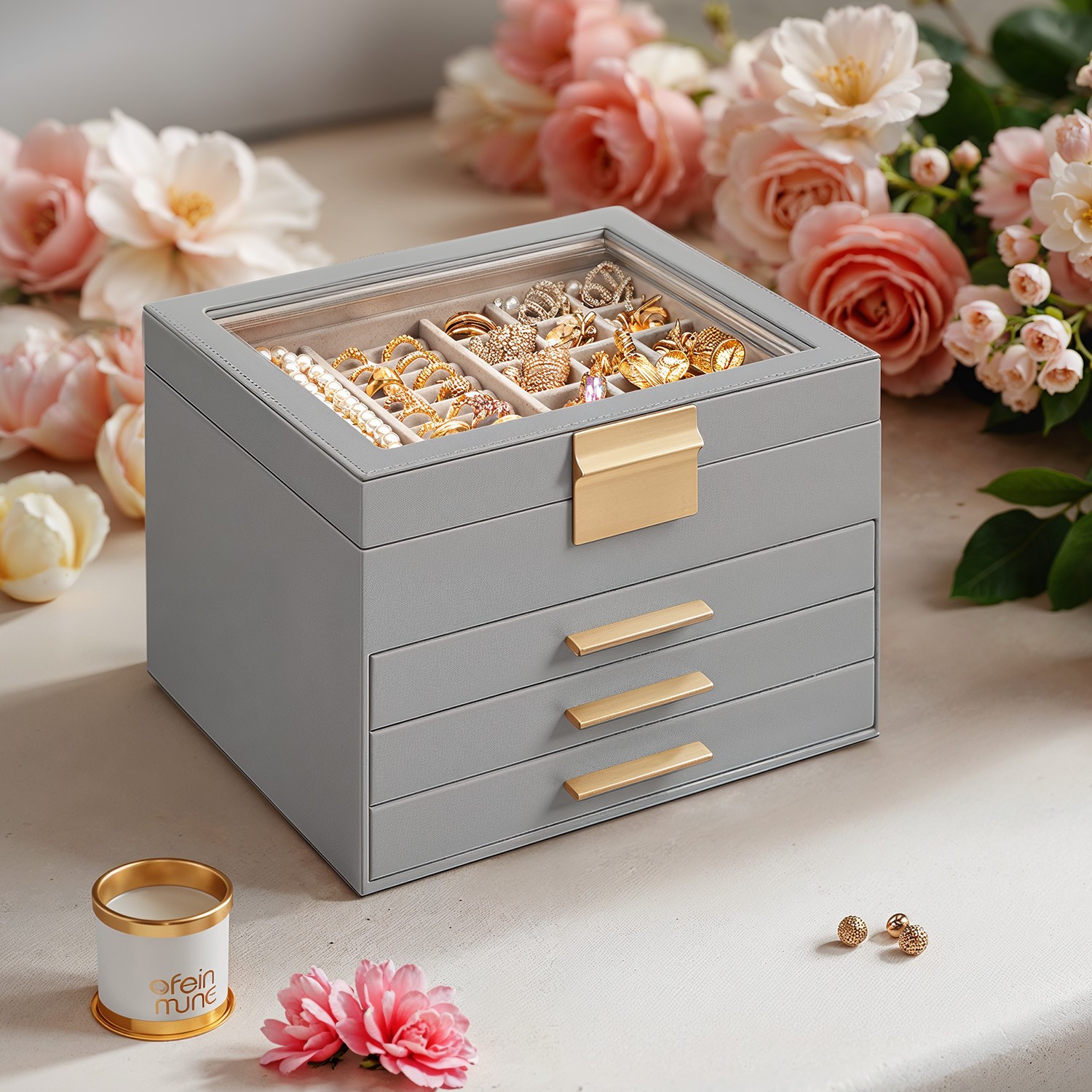Jewellery Box with Glass Lid, 3-Layer Jewellery Organizer, 2 Drawers Jewellery Box with Glass Lid, 3-Layer Jewellery Organizer, 2 Drawers