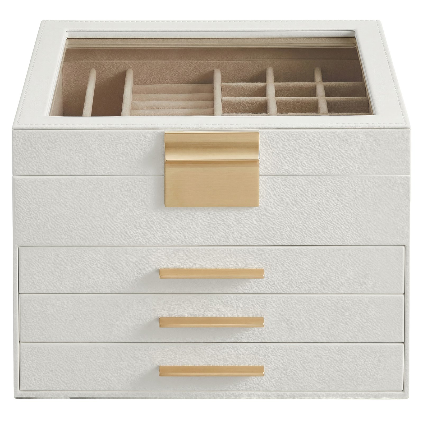 Jewellery Box with Glass Lid, 4-Layer Jewellery Organiser with 3 Drawers, Jewellery Storage
