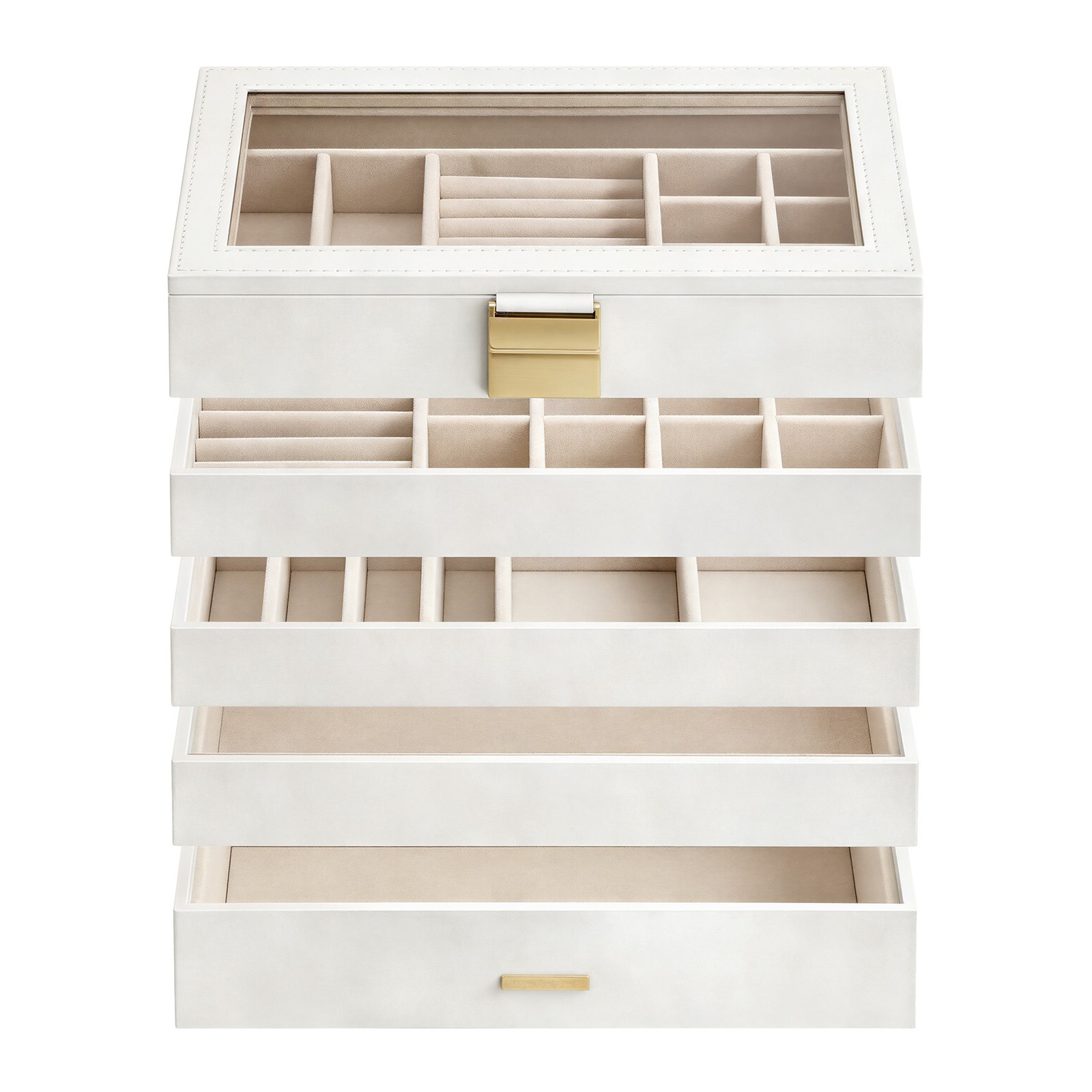 Jewellery Organiser Box, Large 5-Tier Stackable Trays with Glass Lid