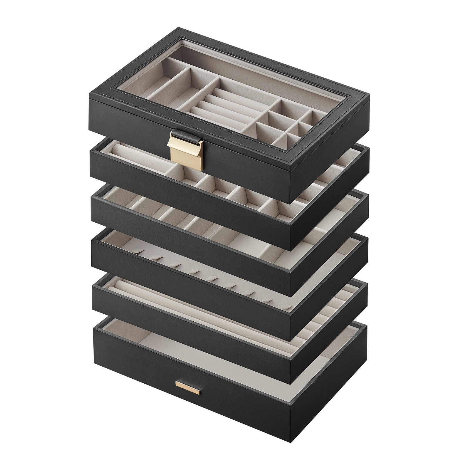Jewellery Organiser Box, 6-Tier Stackable Trays with Glass Lid