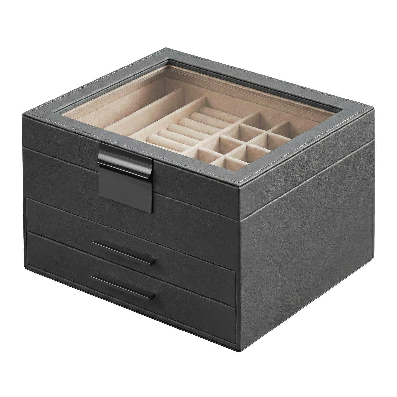 Jewellery Box with Glass Lid, 3-Layer Jewellery Organiser with 2 Drawers Jewellery Box with Glass Lid, 3-Layer Jewellery Organiser with 2 Drawers