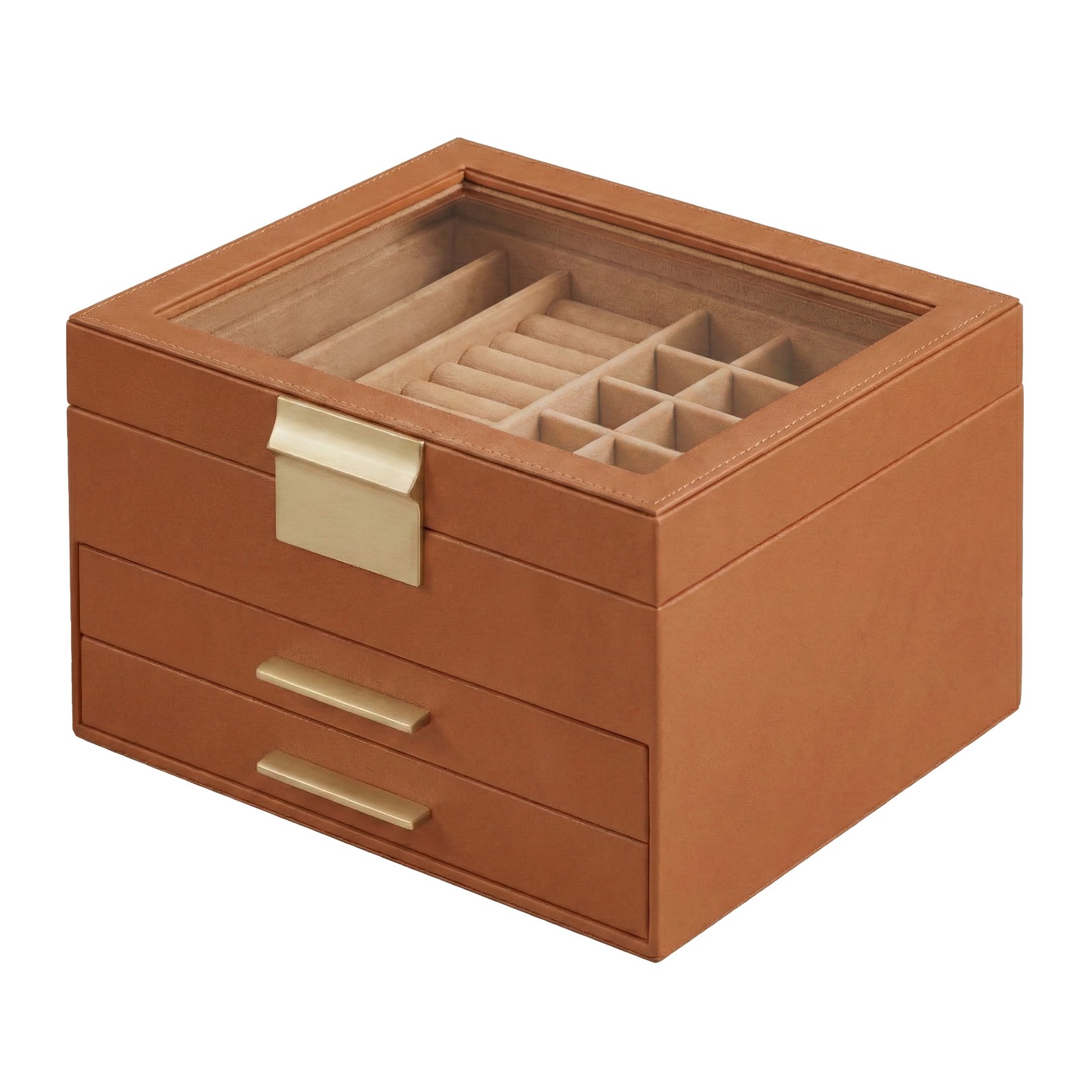 Jewelry Box with Glass Lid, 3-Layer Jewelry Organizer, 2 Drawers