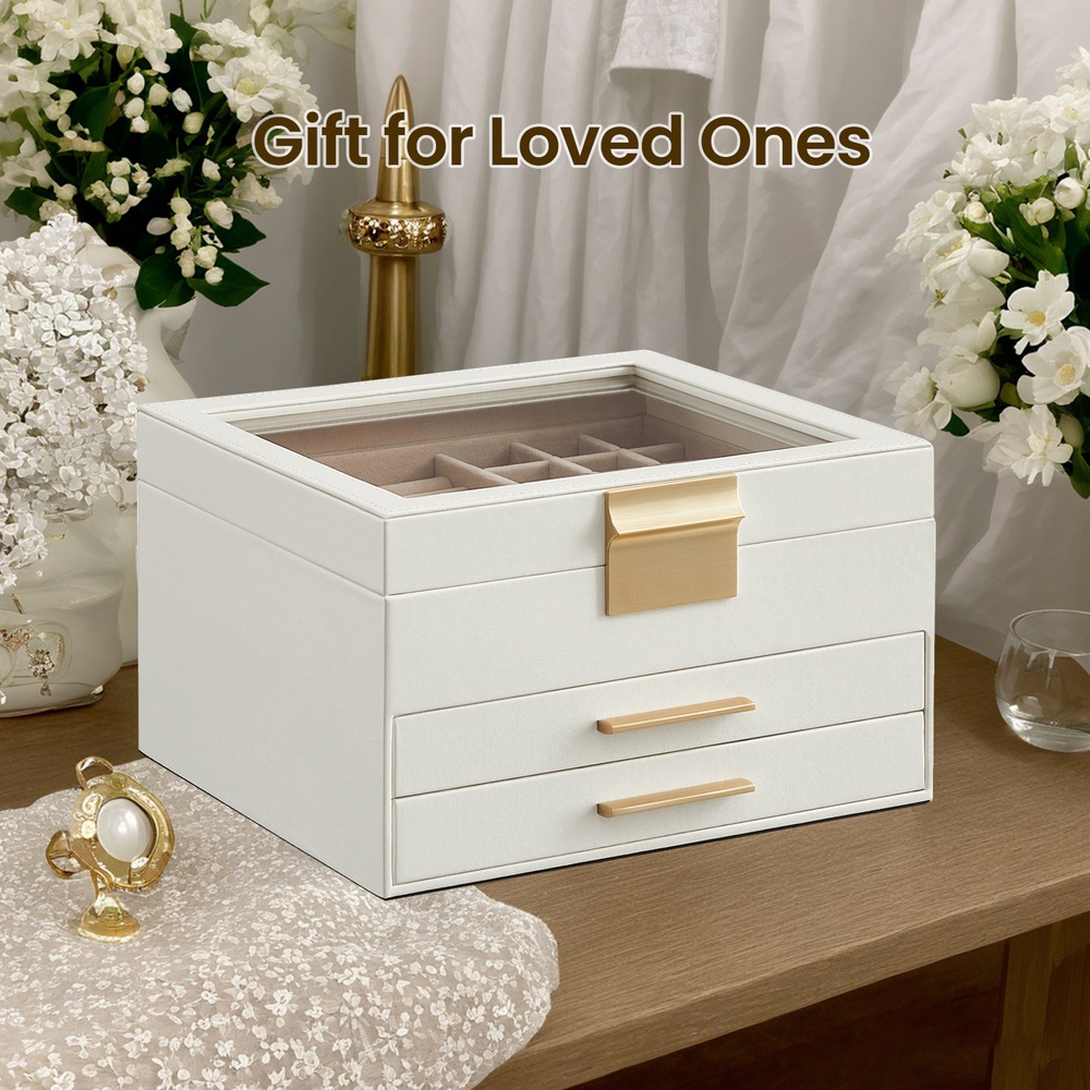 Jewellery Box with Glass Lid, 3-Layer Jewellery Organiser with 2 Drawers, Jewellery Storage