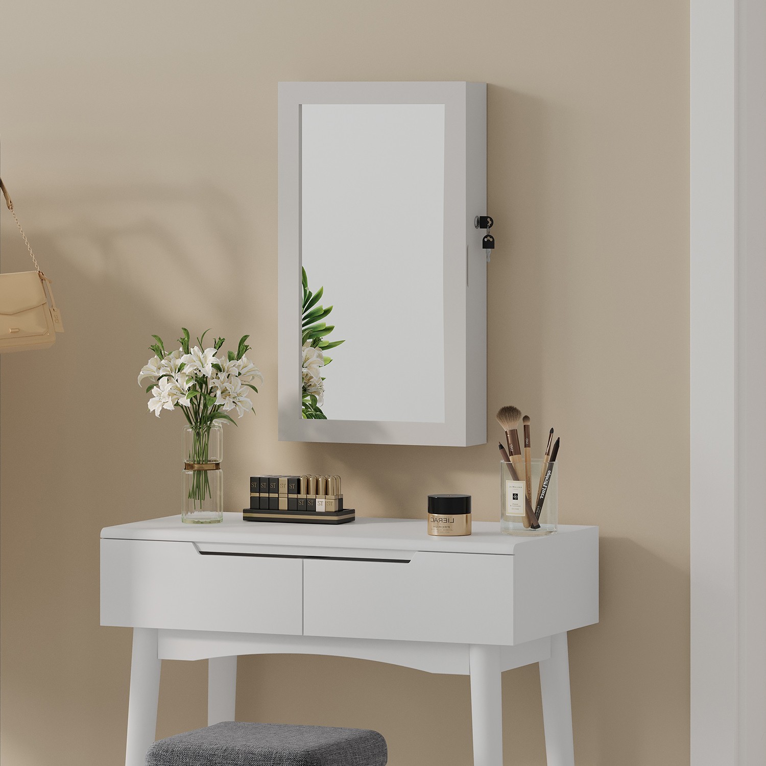 Lockable Jewellery Cabinet Armoire with Mirror, Wall-Mounted Space Saving Jewellery Storage Organizer, White Surface