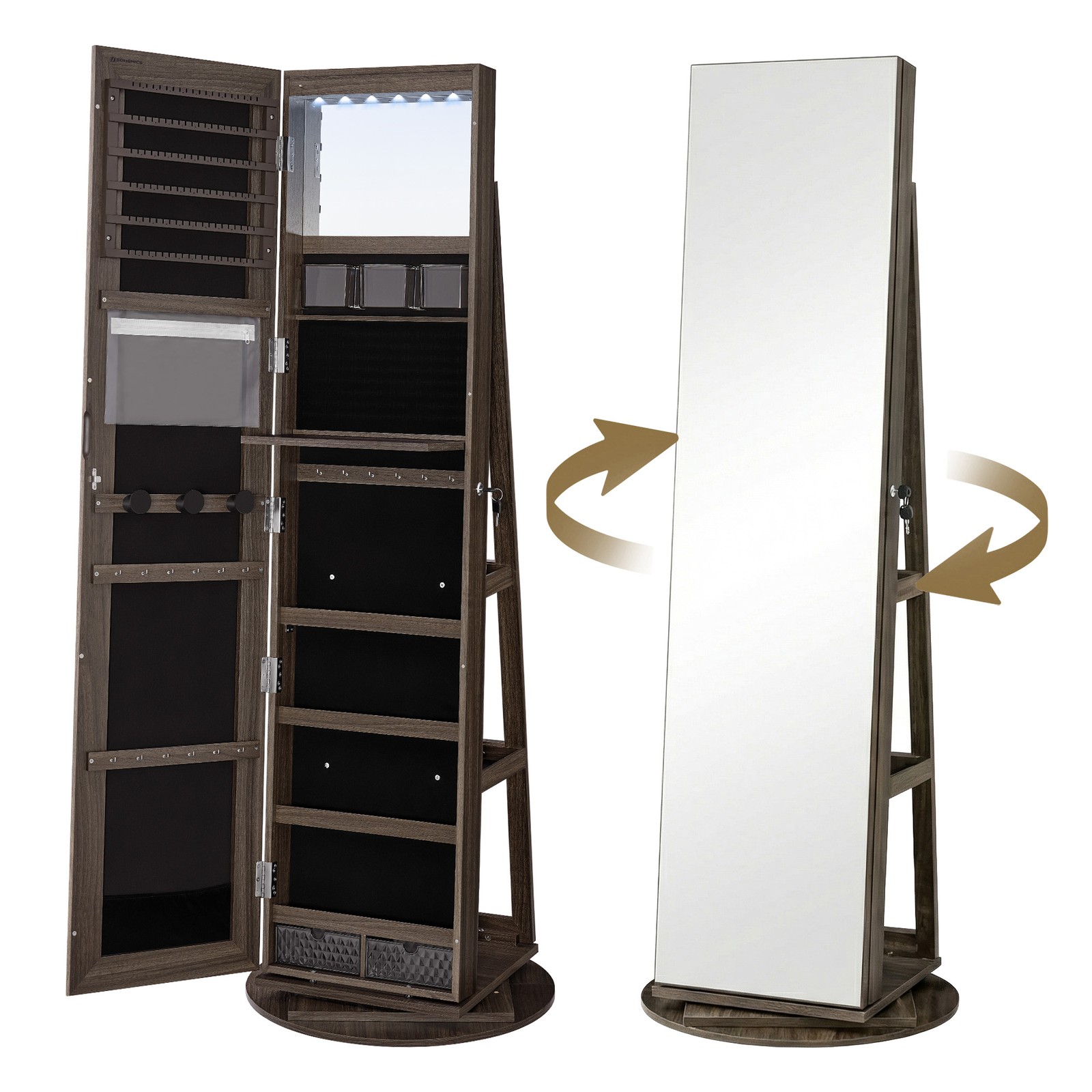 360° Rotating Mirrored Jewellery Cabinet, Lockable Jewellery Organiser, with Full-Length Mirror, Ash Brown and Black