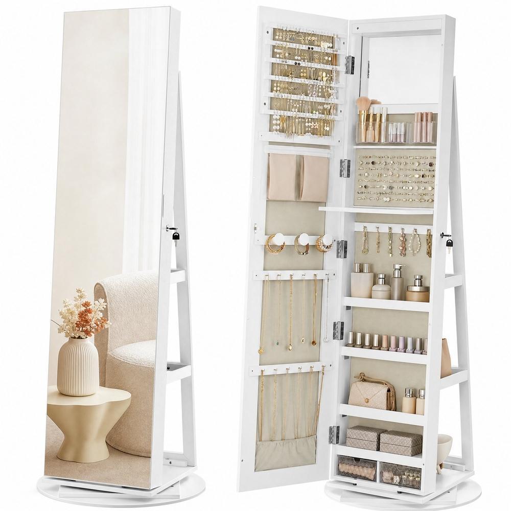 360° Rotating Mirrored Jewellery Cabinet, Lockable Jewellery Organiser, with Full-Length Mirror, White and Greige